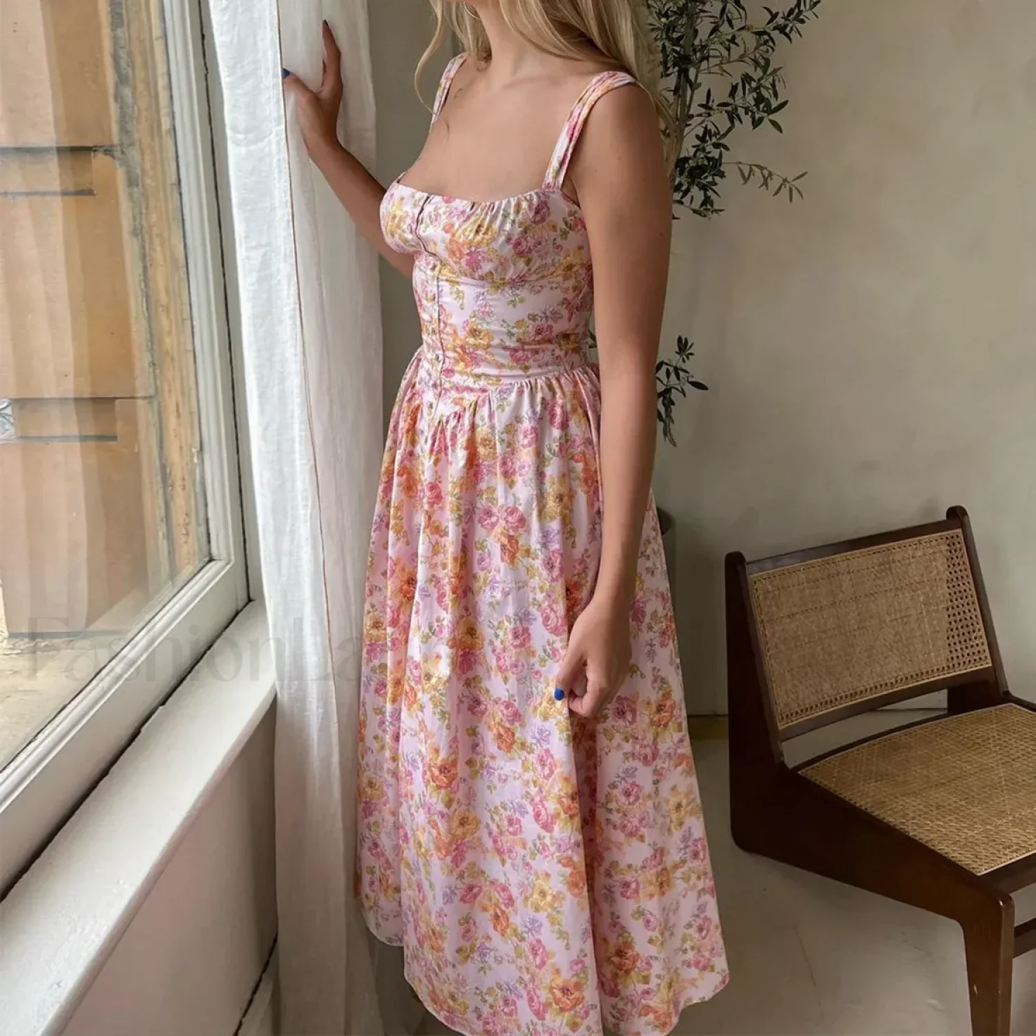 Yellow Lace-Up Pocket Floral Dress - Image 7