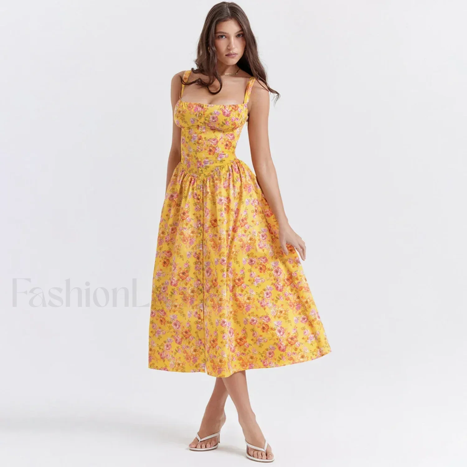 Yellow Lace-Up Pocket Floral Dress - Image 8