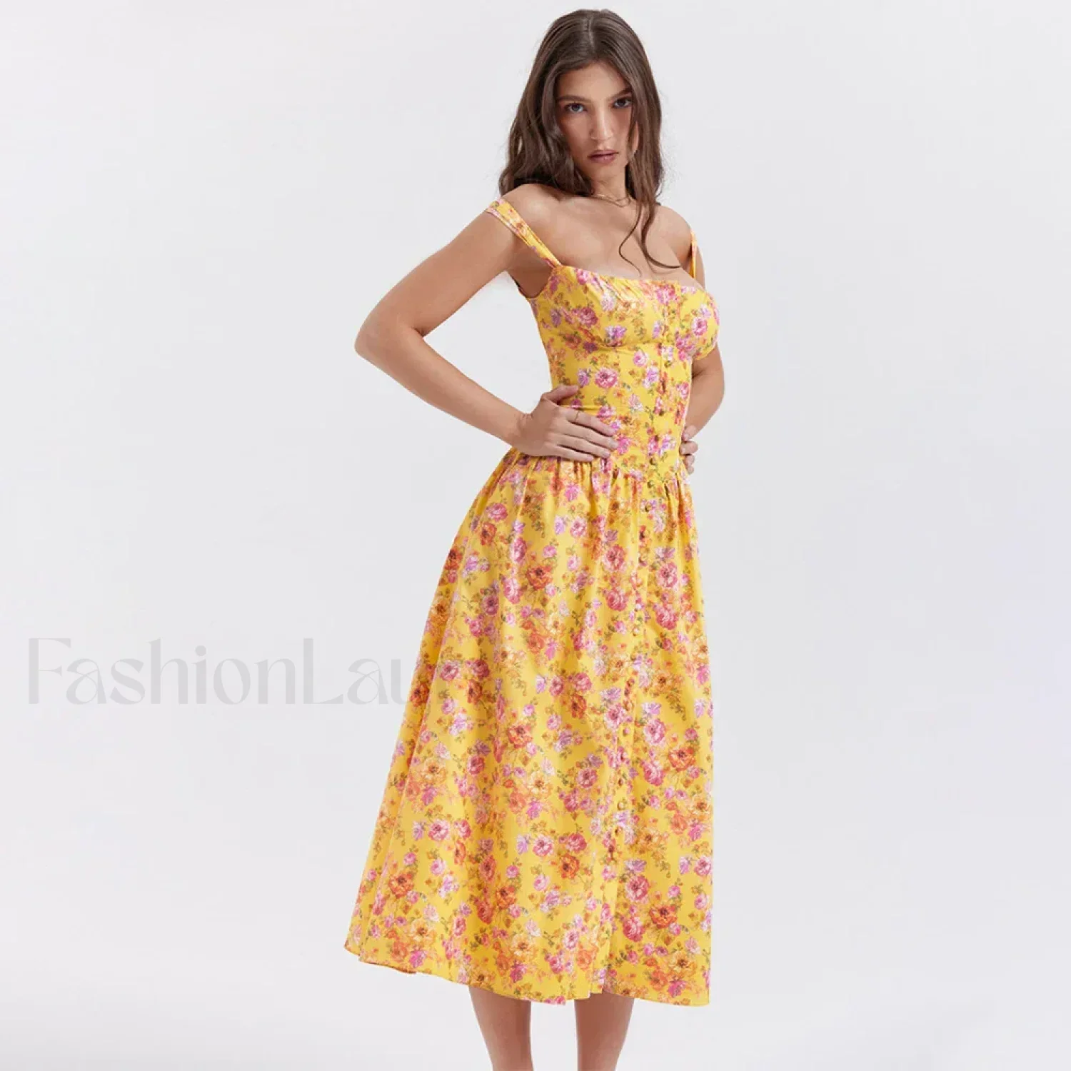 Yellow Lace-Up Pocket Floral Dress - Image 9