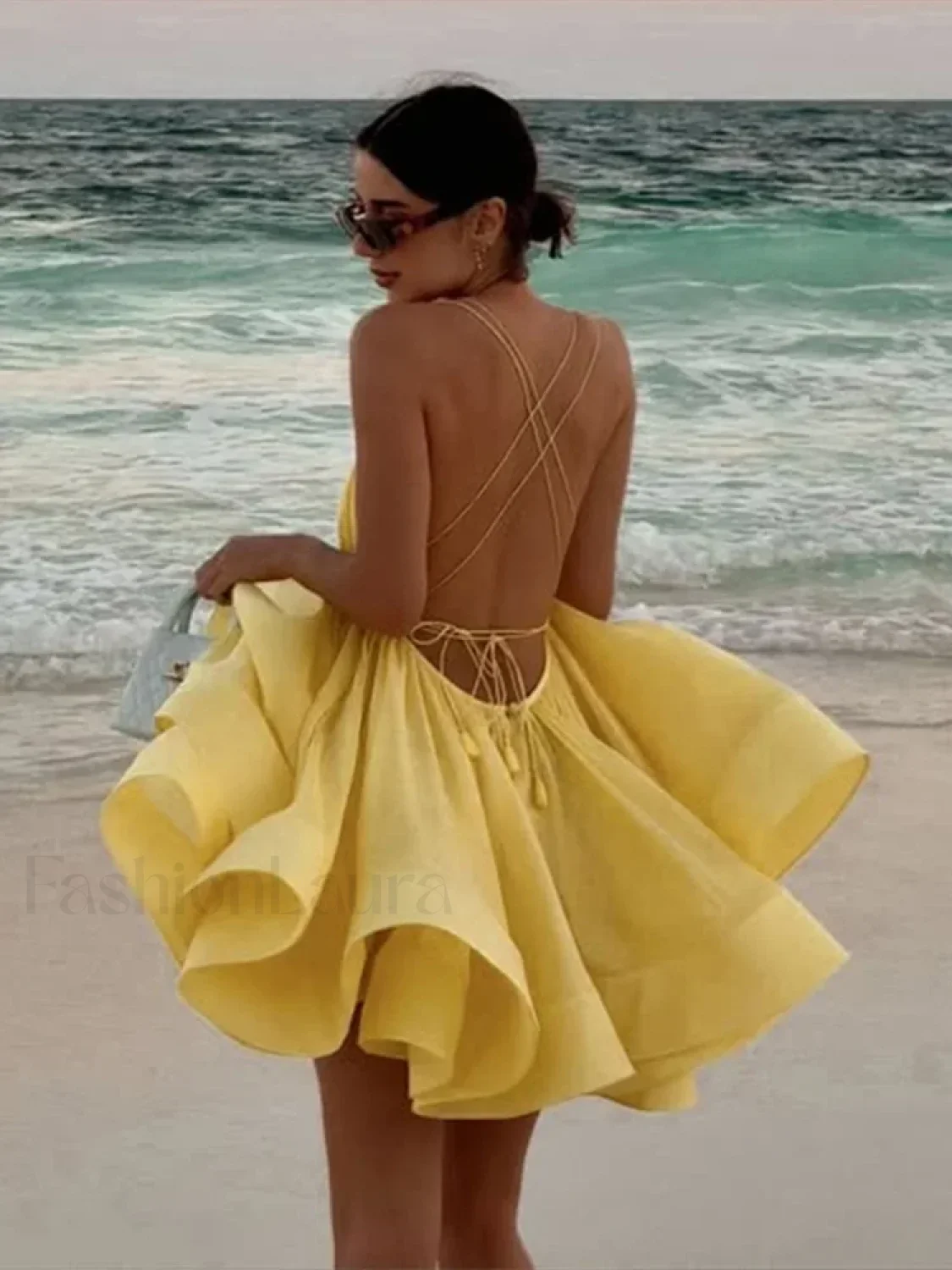 Yellow Pleated Lace-Up Mini Dress - Image 12