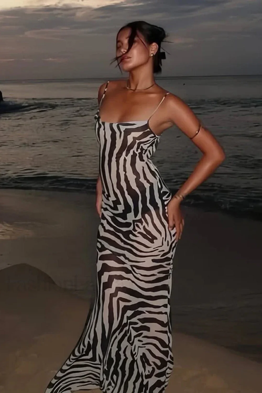 Zebra Print Backless Strappy Slim Floral Dress - Image 10