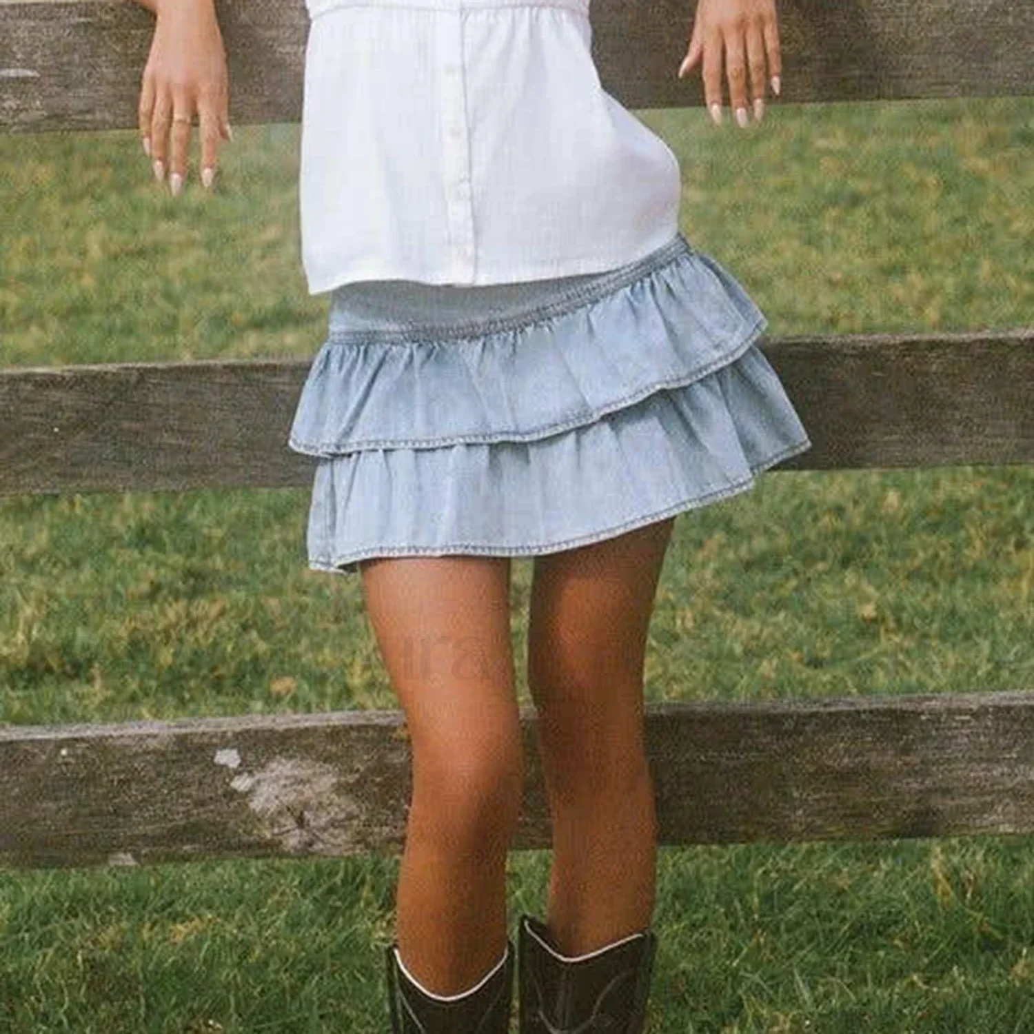 Zipper Ruffle Denim Skirt - Image 7